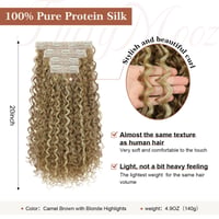 Flufymooz Clip-in predlžovanie vlasov, 4 ks, 100% proteínový hodváb, 50 cm, vlnité, ťavej hnedej farby s blond melírom, prirodzené vlasové príčesky pre ženy 2