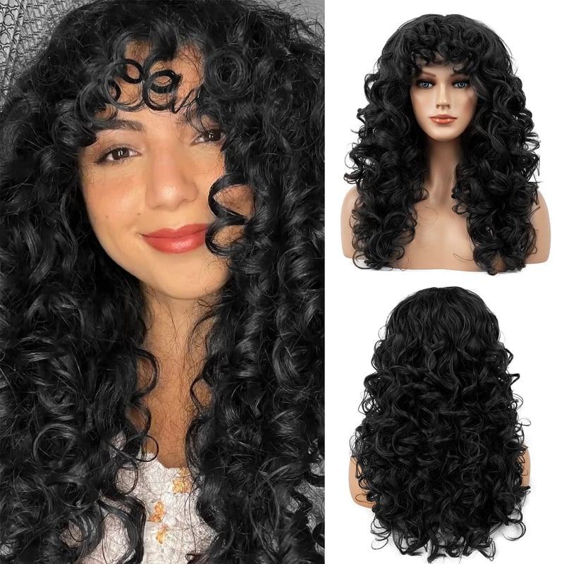 Kučeravá parochňa Flufymooz s ofinou pre ženy – 50 cm, prirodzená čierna, žiaruvzdorné syntetické vlnité vlasy na cosplay a na každodenné nosenie
