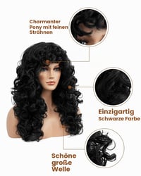 Kučeravá parochňa Flufymooz s ofinou pre ženy – 50 cm, prirodzená čierna, žiaruvzdorné syntetické vlnité vlasy na cosplay a na každodenné nosenie 3