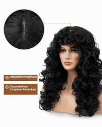Kučeravá parochňa Flufymooz s ofinou pre ženy – 50 cm, prirodzená čierna, žiaruvzdorné syntetické vlnité vlasy na cosplay a na každodenné nosenie 5
