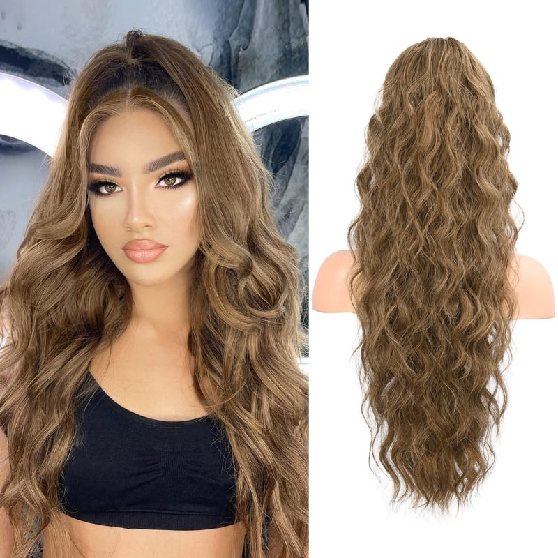Flufymooz predlžovací cop 66 cm, kučeravý príčesok so sťahovacou šnúrkou pre ženy, tmavá popolavá blond s melírom