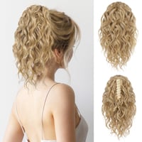 Flufymooz vlnitý kučeravý príčesok do chvosta so štipcom, 31 cm, zlatá blond s melírom, syntetický príčesok pre ženy 1