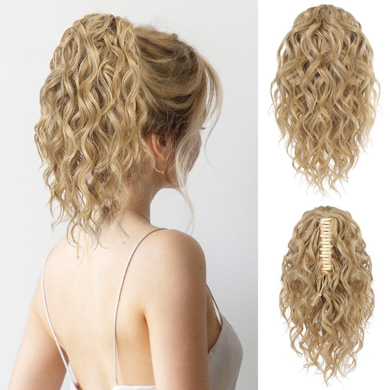 Flufymooz vlnitý kučeravý príčesok do chvosta so štipcom, 31 cm, zlatá blond s melírom, syntetický príčesok pre ženy