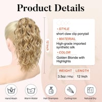 Flufymooz vlnitý kučeravý príčesok do chvosta so štipcom, 31 cm, zlatá blond s melírom, syntetický príčesok pre ženy 3