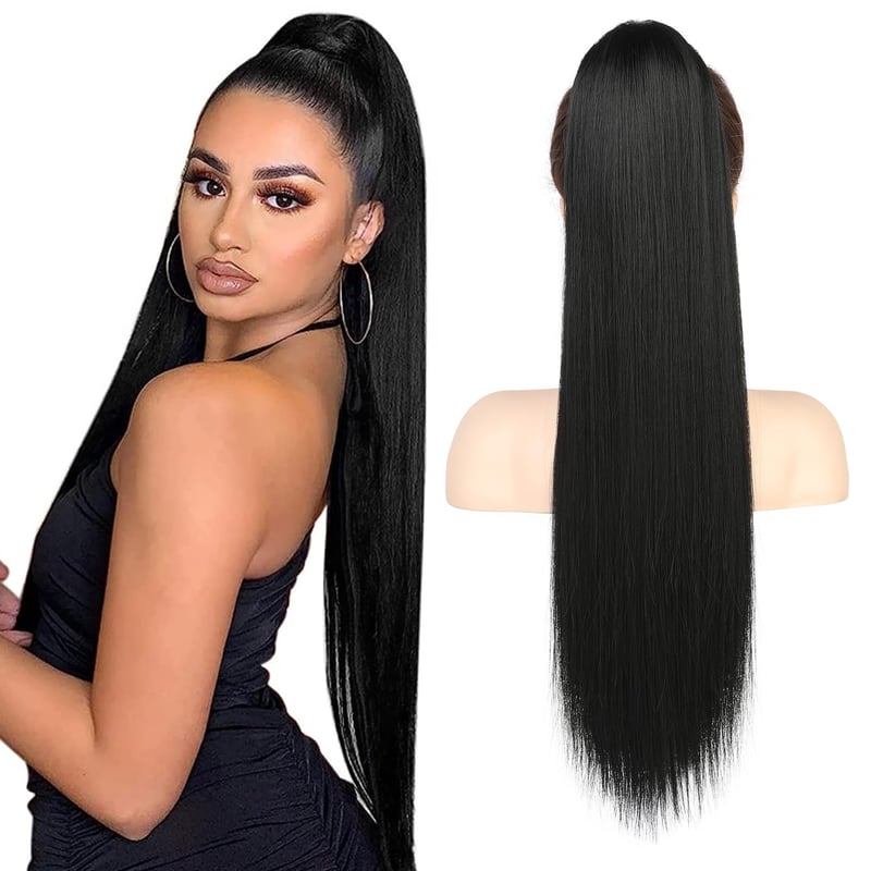 Flufymooz Ponytail predlžovanie vlasov, 66 cm dlhý rovný príčesok v štýle konského chvosta so sťahovacou šnúrkou, syntetický príčesok pre ženy, farba ebenovo čierna