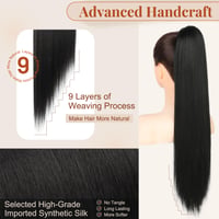 Flufymooz Ponytail predlžovanie vlasov, 66 cm dlhý rovný príčesok v štýle konského chvosta so sťahovacou šnúrkou, syntetický príčesok pre ženy, farba ebenovo čierna 4