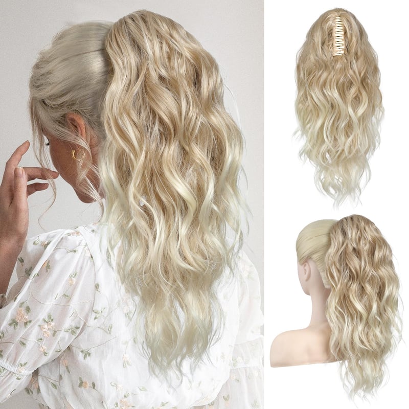 Flufymooz Príčesok v tvare copu so štipcom, 46 cm vlnité kučeravé syntetické vlasy pre ženy, tmavý blond až svetlý blond