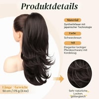Flufymooz predlžovaný cop pre ženy, 50 cm, syntetický príčesok typu „ponytail“ so sťahovacou šnúrkou, prirodzený vzhľad, čierno-hnedý 2