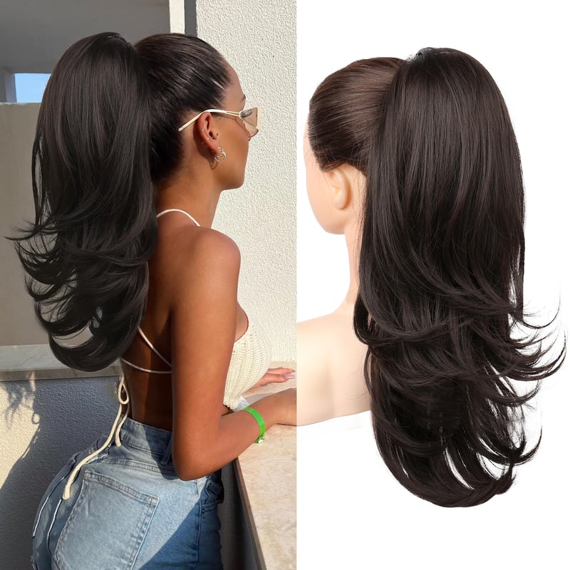 Flufymooz predlžovaný cop pre ženy, 50 cm, syntetický príčesok typu „ponytail“ so sťahovacou šnúrkou, prirodzený vzhľad, čierno-hnedý