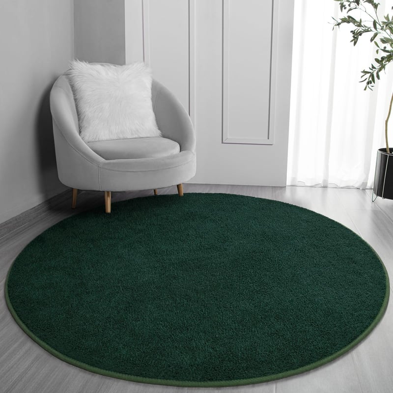 Covor rotund FlyDOIT pentru dormitor și sufragerie, 183x183 cm, verde închis, covor rotund gros din spumă cu memorie, moale, în stil minimalist modern
