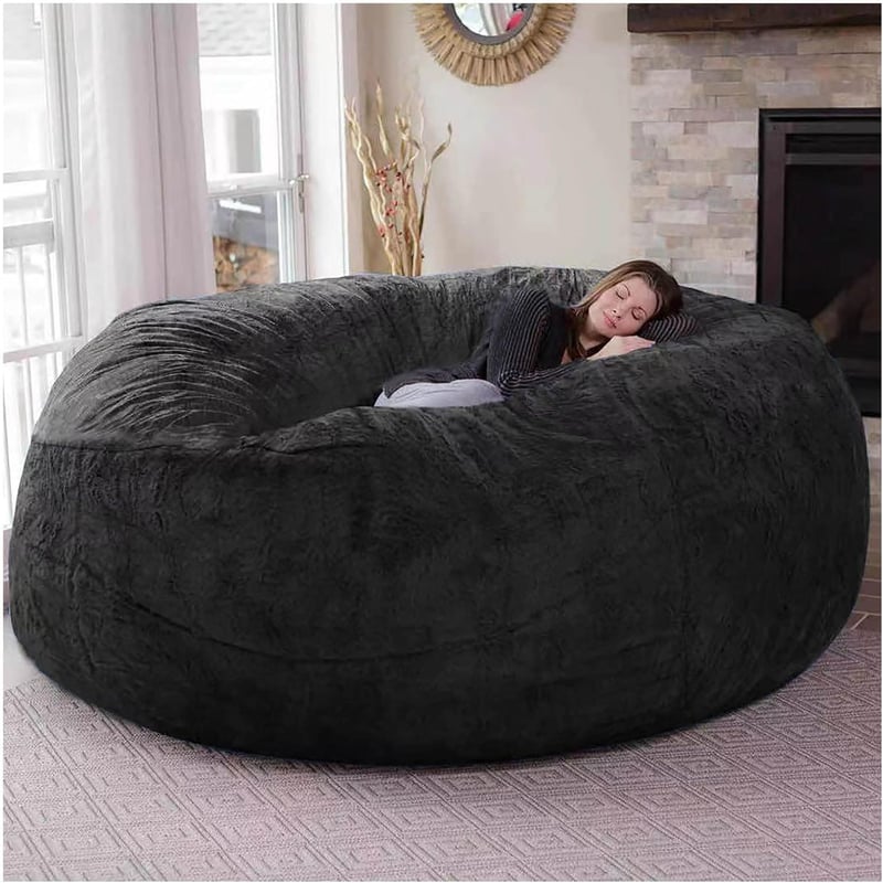 Husă pentru fotoliu puf gigant din blană artificială Flyhug pentru living, pentru adulți, rotundă, pluș moale, fără umplutură, fotoliu tip canapea leneșă, negru, 180 cm (6ft)