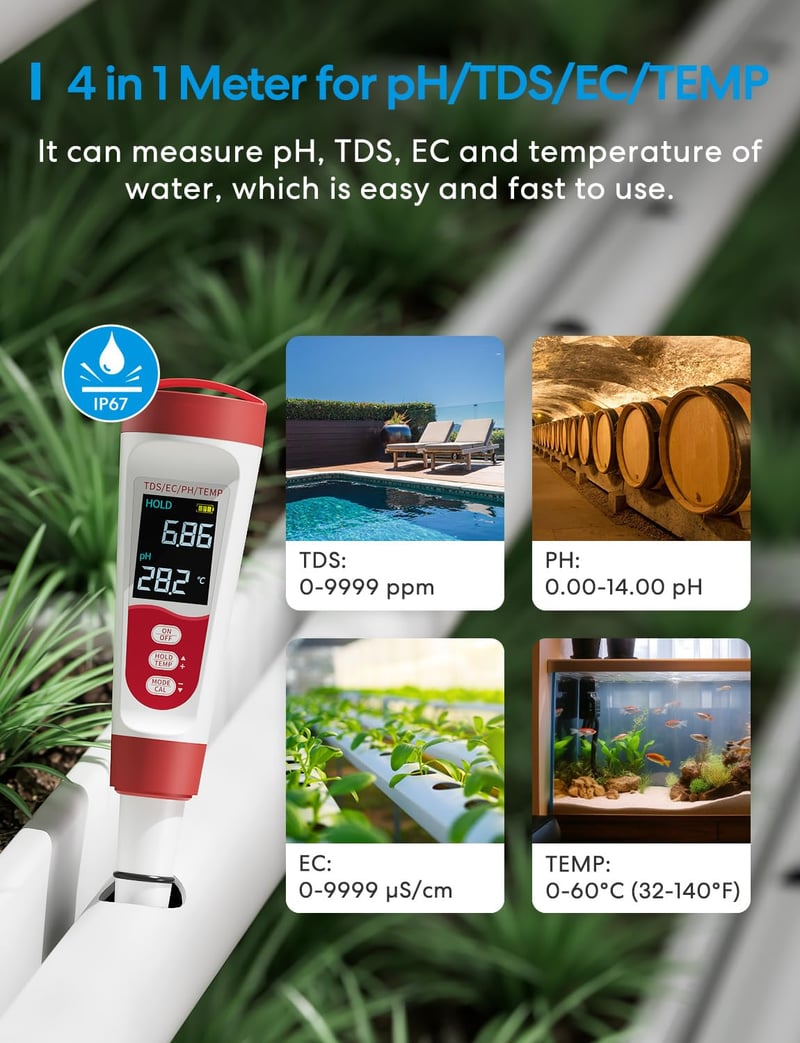 Flysocks 4 az 1-ben pH mérő, vízminőség teszter TDS/EC hőmérséklet LCD kijelzővel