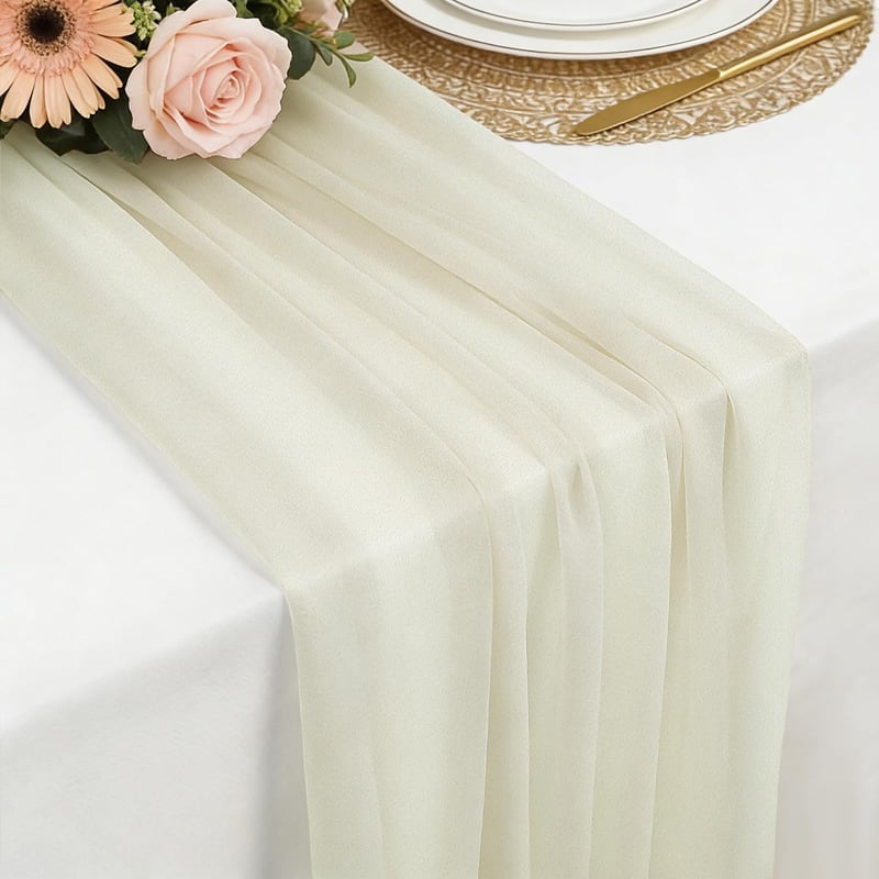 Béžový šifónový obrus na stôl Foatcox 77x300 cm, jemný dekoratívny obrus na boho svadbu, oslavu, krstiny, babyshower, do kuchyne