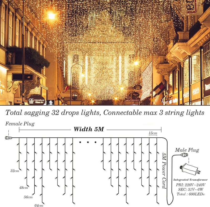Fobaston 5m 200 LED-es Fényfüggöny Meleg Fehér 8 Program IP44 Vízálló Kültéri Beltéri