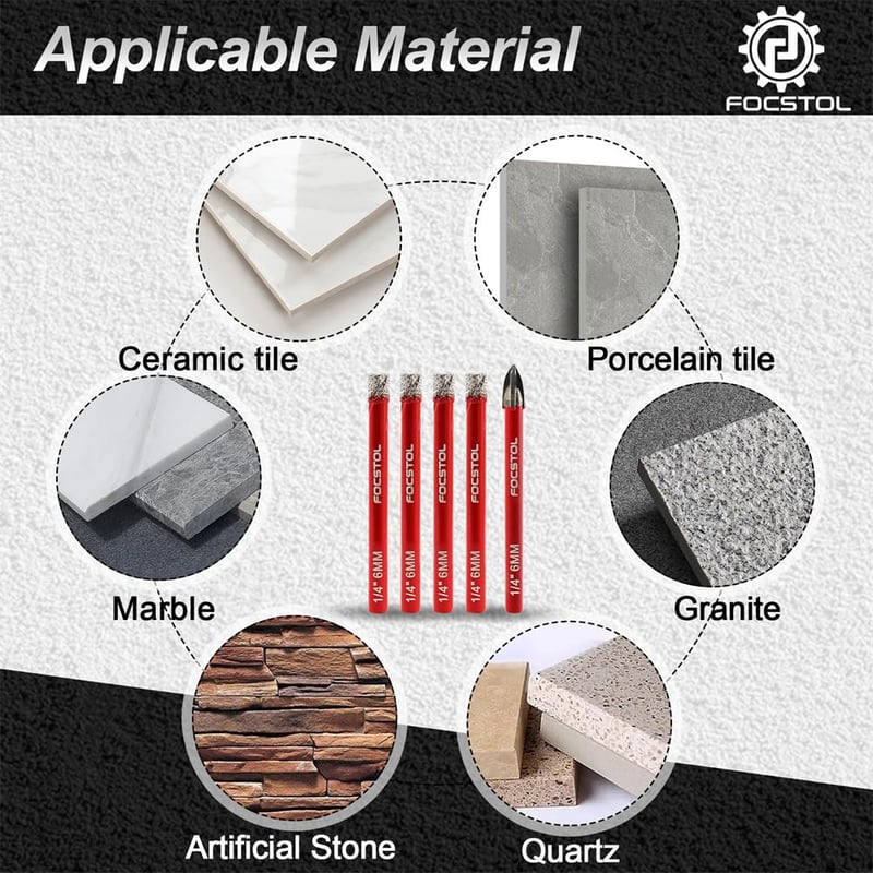 FOCSTOL Gyémánt Csempefúró Készlet - 5 db-os (4×6mm Gyémánt + 1×6mm Karbid) Kerámia, Porcelán, Márvány, Gránit és Kvarc Fúrásához