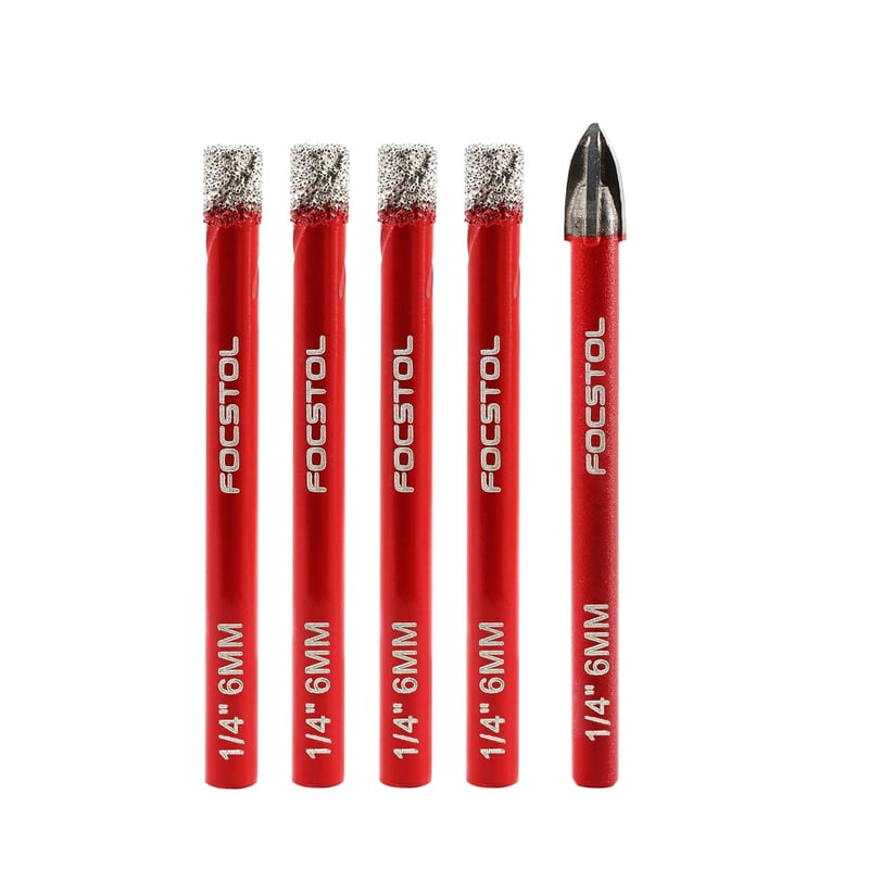FOCSTOL Gyémánt Csempefúró Készlet - 5 db-os (4×6mm Gyémánt + 1×6mm Karbid) Kerámia, Porcelán, Márvány, Gránit és Kvarc Fúrásához
