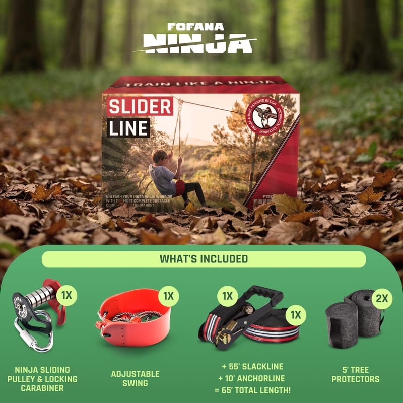 Fofana Ninja Slider 65 Ft Zipline Szett Gyerekeknek és Felnőtteknek Kertbe