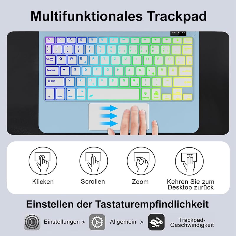 FOGARI iPad 10 Billentyűzetes Tok QWERTZ Trackpad 360° Forgatható Világító Billentyűzet Fekete