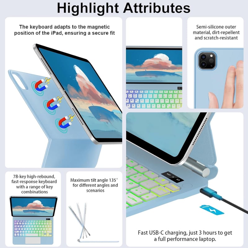 FOGARI iPad 10 Billentyűzetes Tok QWERTZ Trackpad 360° Forgatható Világító Billentyűzet Fekete