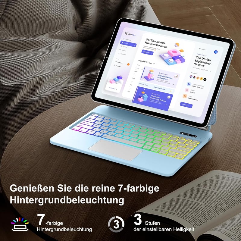 FOGARI iPad 10 Billentyűzetes Tok QWERTZ Trackpad 360° Forgatható Világító Billentyűzet Fekete