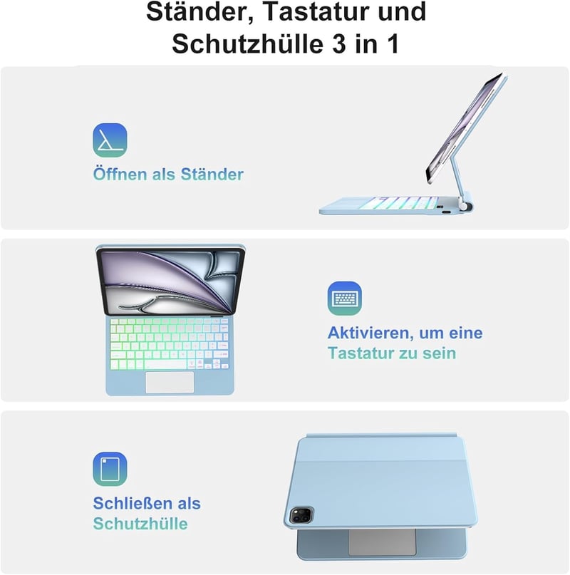 FOGARI iPad Air 13 2025/2024 Mágneses Billentyűzet Tok QWERTZ Trackpad Világoskék