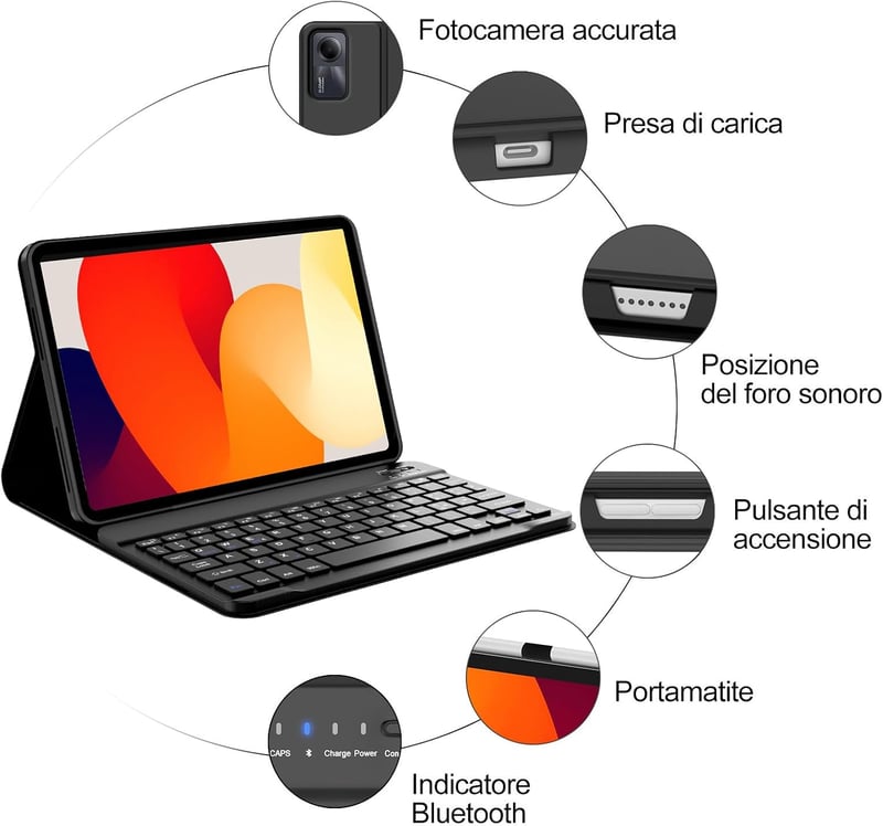 FOGARI Xiaomi Redmi Pad SE 2023 11" Billentyűzet Tok Mágneses Vezeték Nélküli Italiano QWERTY Fekete