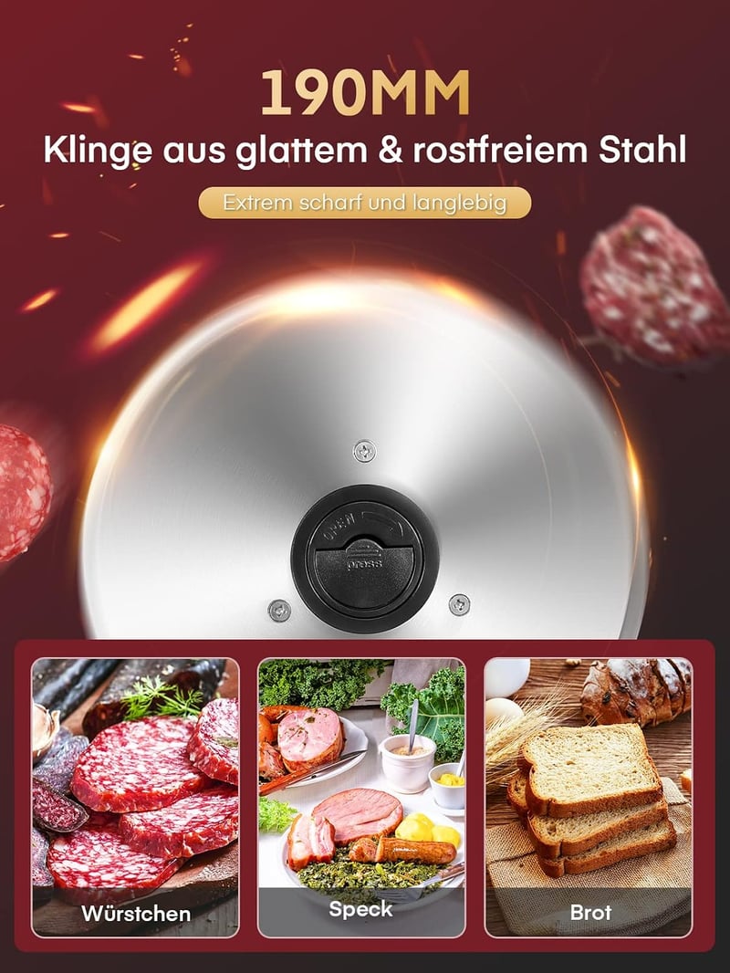 FOHERE 200 W elektromos univerzális szeletelő kenyér és hús vágó 2 darab eltávolítható 19 cm penge 0-15 vastagságbeállítás biztonsági védele