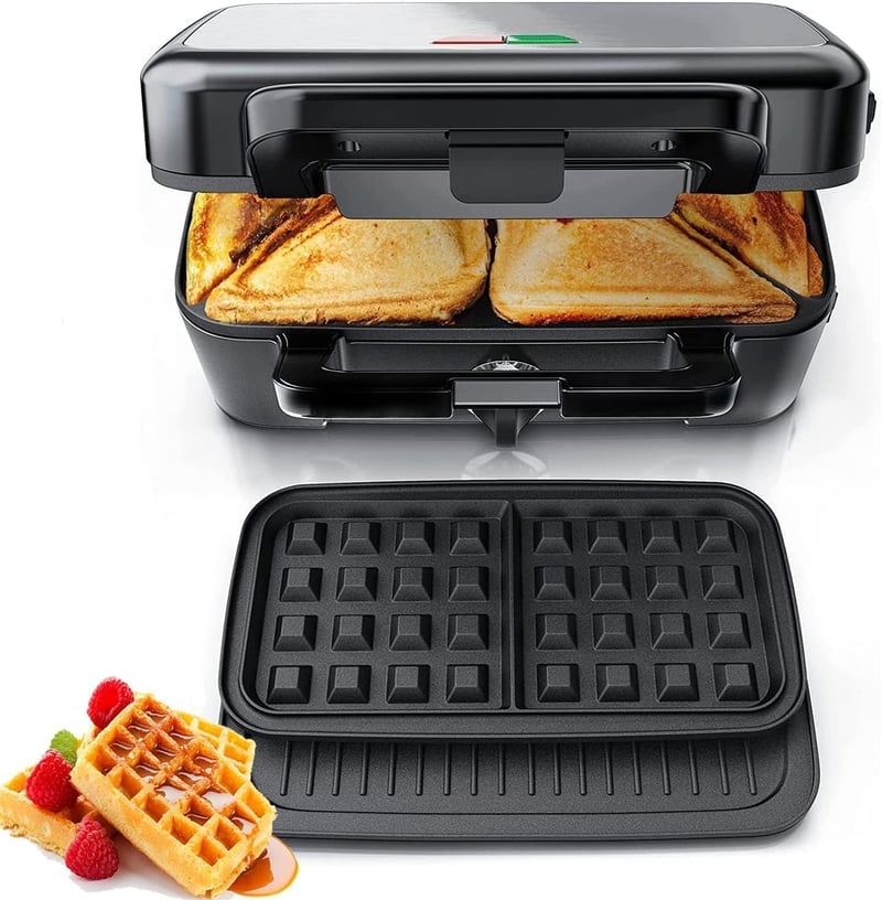 FOHERE 3 az 1-ben Szendvicssütő 1200W - 5 Fokozatú Hőmérséklet Szabályozás, Gofrisütő, Kontakt Grill, Tapadásmentes Bevonat, LED Kijelző