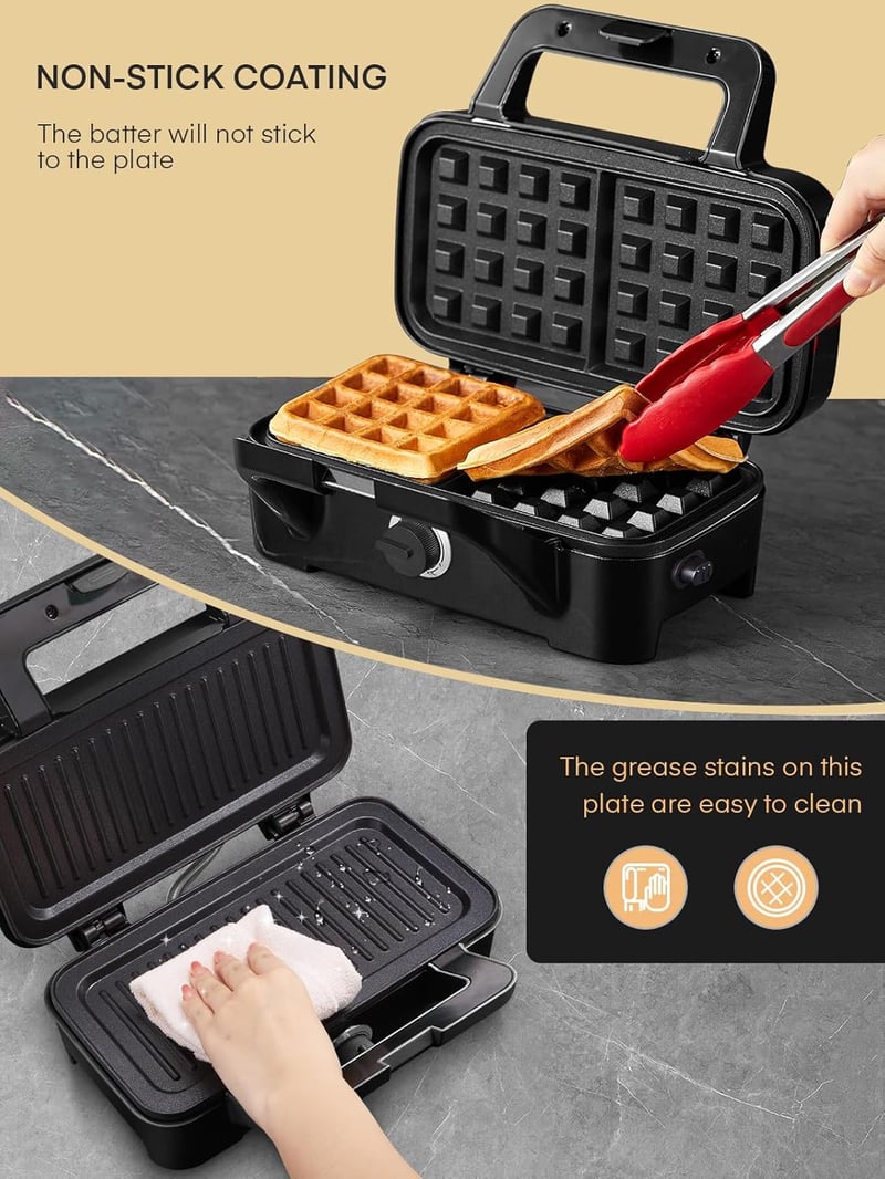 FOHERE 3 az 1-ben Szendvicssütő 1200W - 5 Fokozatú Hőmérséklet Szabályozás, Gofrisütő, Kontakt Grill, Tapadásmentes Bevonat, LED Kijelző