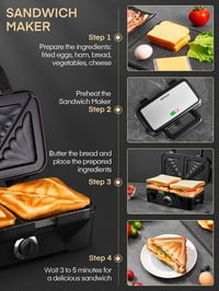 FOHERE 3 az 1-ben Szendvicssütő 1200W - 5 Fokozatú Hőmérséklet Szabályozás, Gofrisütő, Kontakt Grill, Tapadásmentes Bevonat, LED Kijelző 4
