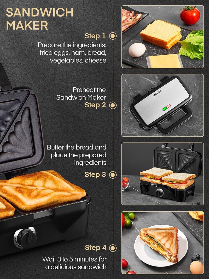 FOHERE 3 az 1-ben Szendvicssütő 1200W - 5 Fokozatú Hőmérséklet Szabályozás, Gofrisütő, Kontakt Grill, Tapadásmentes Bevonat, LED Kijelző