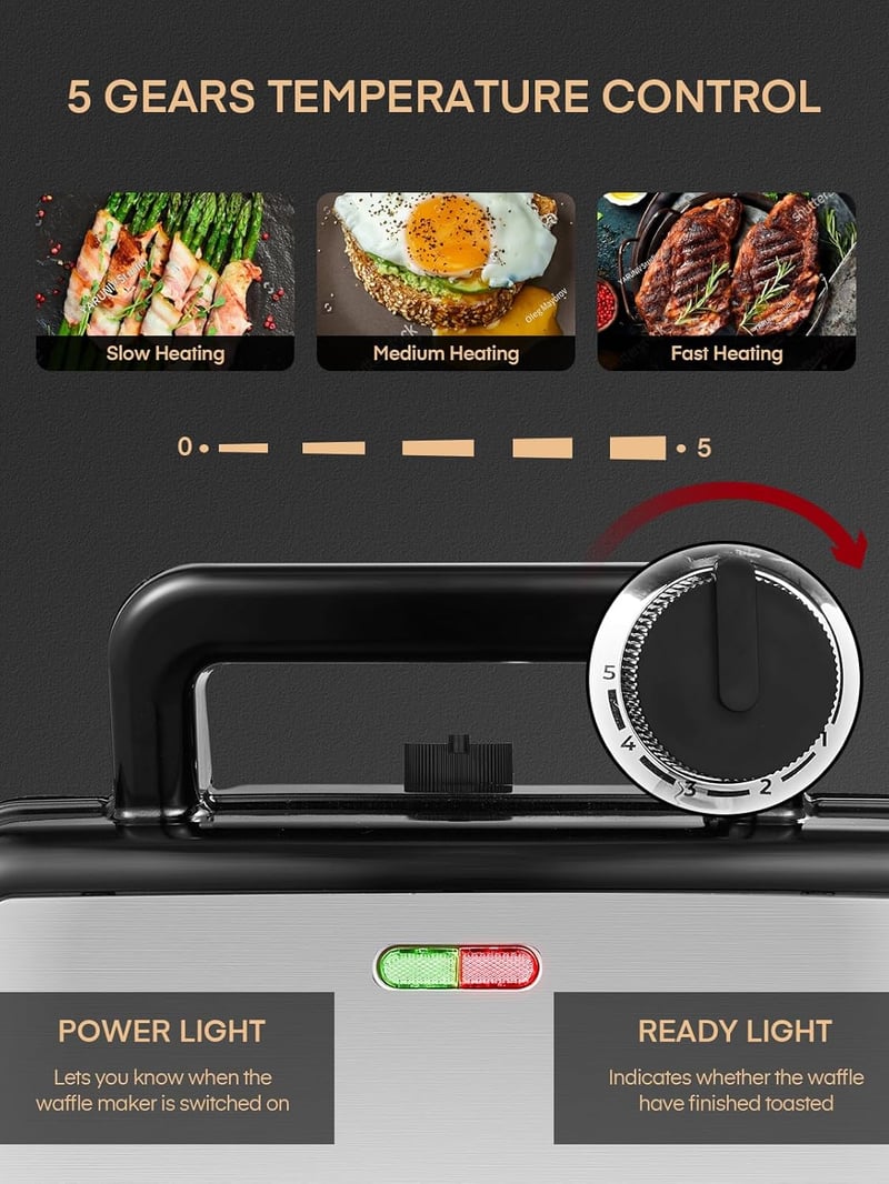 FOHERE 3 az 1-ben Szendvicssütő 1200W - 5 Fokozatú Hőmérséklet Szabályozás, Gofrisütő, Kontakt Grill, Tapadásmentes Bevonat, LED Kijelző