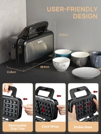 FOHERE 3 az 1-ben Szendvicssütő 1200W - 5 Fokozatú Hőmérséklet Szabályozás, Gofrisütő, Kontakt Grill, Tapadásmentes Bevonat, LED Kijelző 7