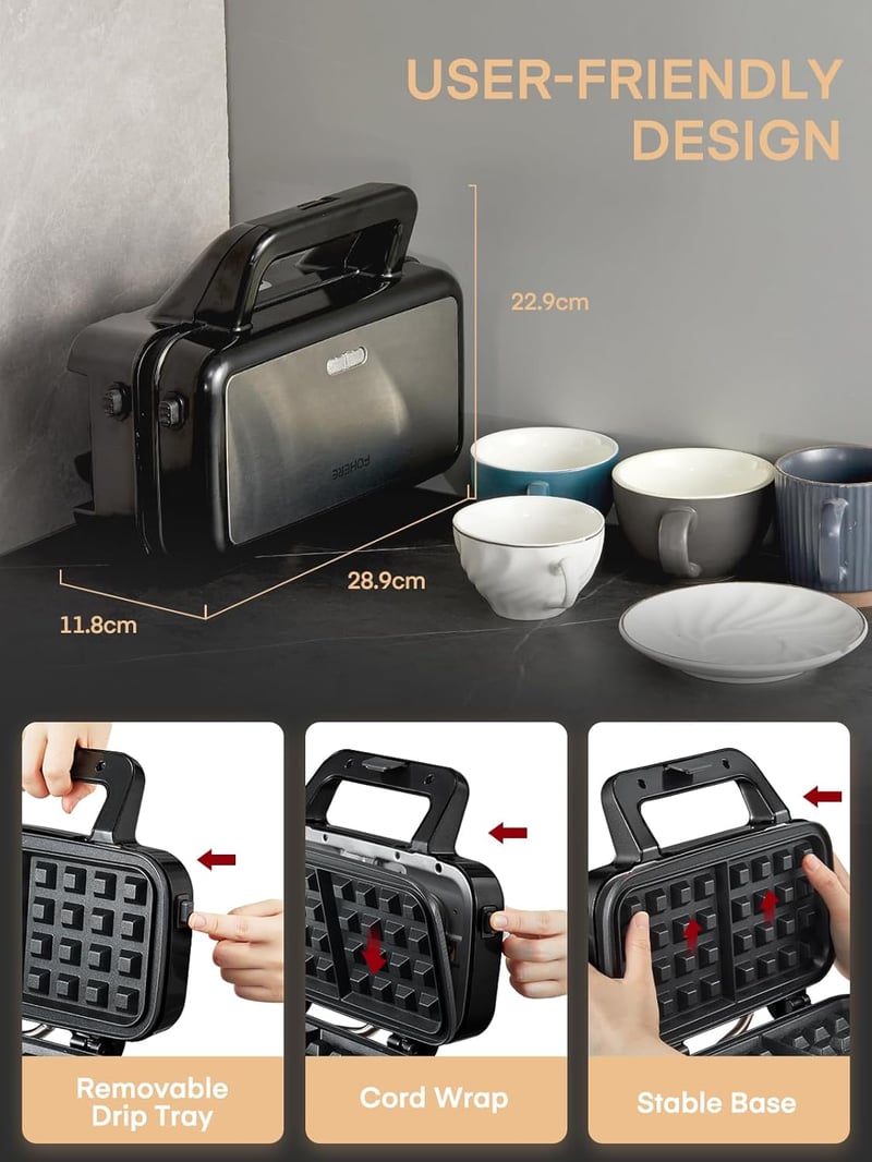 FOHERE 3 az 1-ben Szendvicssütő 1200W - 5 Fokozatú Hőmérséklet Szabályozás, Gofrisütő, Kontakt Grill, Tapadásmentes Bevonat, LED Kijelző