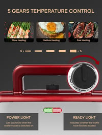FOHERE 3-in-1 Szendvicssütő, Gofrisütő és Kontaktgrill 1200W - 5 Fokozatú Hőszabályzó, Tapadásmentes Lapok, Mosogatógépben Mosható, Piros 3