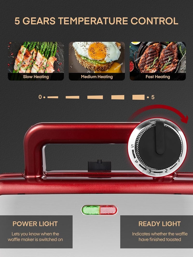 FOHERE 3-in-1 Szendvicssütő, Gofrisütő és Kontaktgrill 1200W - 5 Fokozatú Hőszabályzó, Tapadásmentes Lapok, Mosogatógépben Mosható, Piros