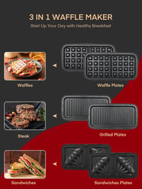 FOHERE 3-in-1 Szendvicssütő, Gofrisütő és Kontaktgrill 1200W - 5 Fokozatú Hőszabályzó, Tapadásmentes Lapok, Mosogatógépben Mosható, Piros 4