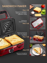FOHERE 3-in-1 Szendvicssütő, Gofrisütő és Kontaktgrill 1200W - 5 Fokozatú Hőszabályzó, Tapadásmentes Lapok, Mosogatógépben Mosható, Piros 7