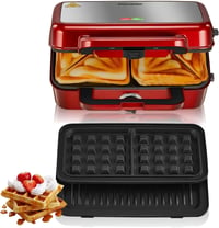 FOHERE 3-in-1 Szendvicssütő, Gofrisütő és Kontaktgrill 1200W - 5 Fokozatú Hőszabályzó, Tapadásmentes Lapok, Mosogatógépben Mosható, Piros 1