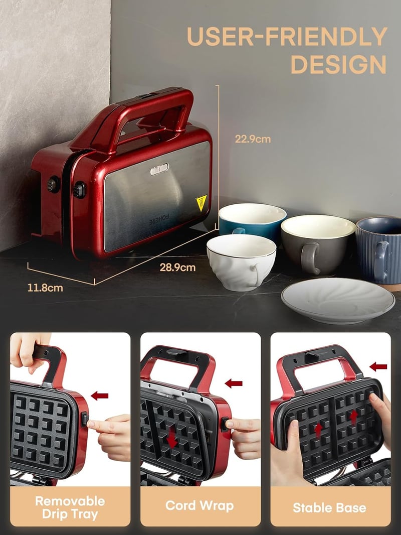 FOHERE 3-in-1 Szendvicssütő, Gofrisütő és Kontaktgrill 1200W - 5 Fokozatú Hőszabályzó, Tapadásmentes Lapok, Mosogatógépben Mosható, Piros