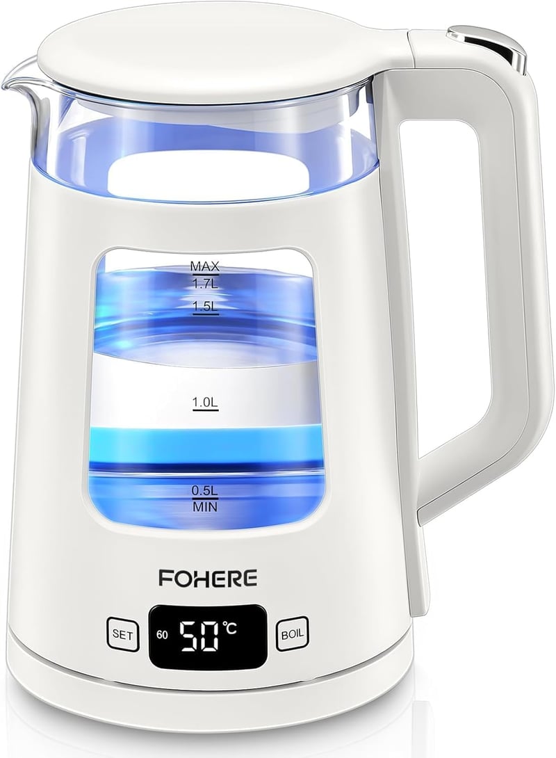 FOHERE Elektromos Vízforraló Hőmérséklet Szabályozással - 1,7L Üveg Teafőző, Melegen Tartó Funkcióval, 2200W Gyors Forralás, 5 Színű LED