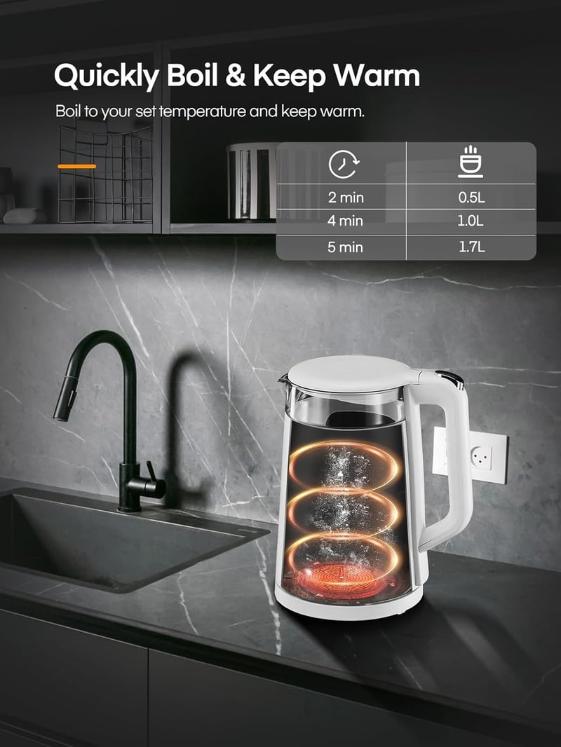 FOHERE Elektromos Vízforraló Hőmérséklet Szabályozással - 1,7L Üveg Teafőző, Melegen Tartó Funkcióval, 2200W Gyors Forralás, 5 Színű LED