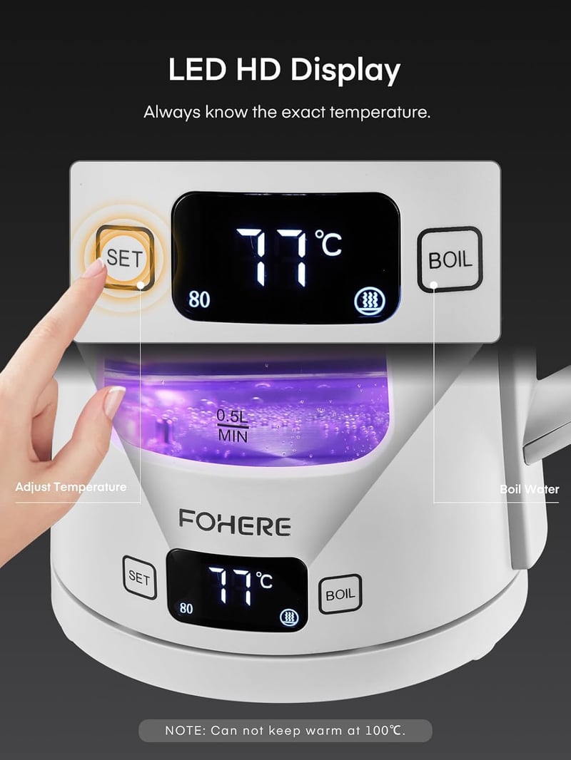 FOHERE Elektromos Vízforraló Hőmérséklet Szabályozással - 1,7L Üveg Teafőző, Melegen Tartó Funkcióval, 2200W Gyors Forralás, 5 Színű LED