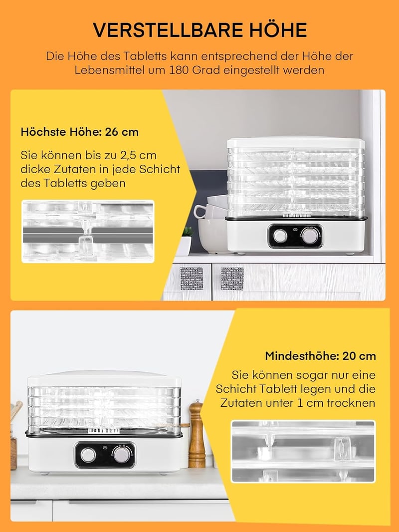 FOHERE Élelmiszer Szárító 35-70°C Hőmérséklet Szabályozás 5 Fiók 360° Légkeringés