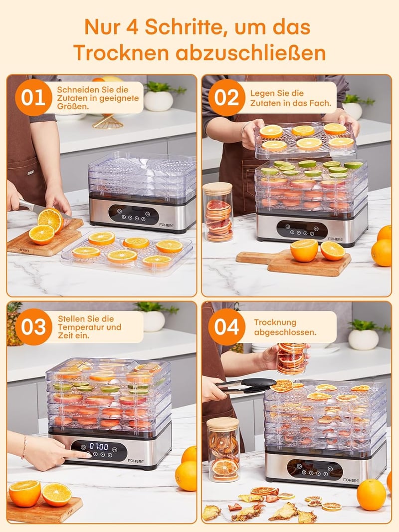 FOHERE Ételszárító Rozsdamentes Acélból - 5 Állítható Tálcával, LED Kijelzővel, 420W, 48 Órás Időzítővel, Gombák, Gyümölcsök, Hús, Hal, Zöld