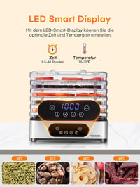 FOHERE Ételszárító Rozsdamentes Acélból - 5 Állítható Tálcával, LED Kijelzővel, 420W, 48 Órás Időzítővel, Gombák, Gyümölcsök, Hús, Hal, Zöld 5