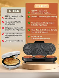FOHERE King Size szív alakú gofrisütő 3 sütőfelülettel, 15 gofri/2 perc - ezüst 5