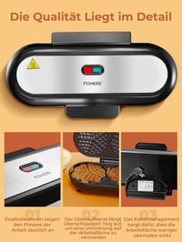 FOHERE King Size szív alakú gofrisütő 3 sütőfelülettel, 15 gofri/2 perc - ezüst 8