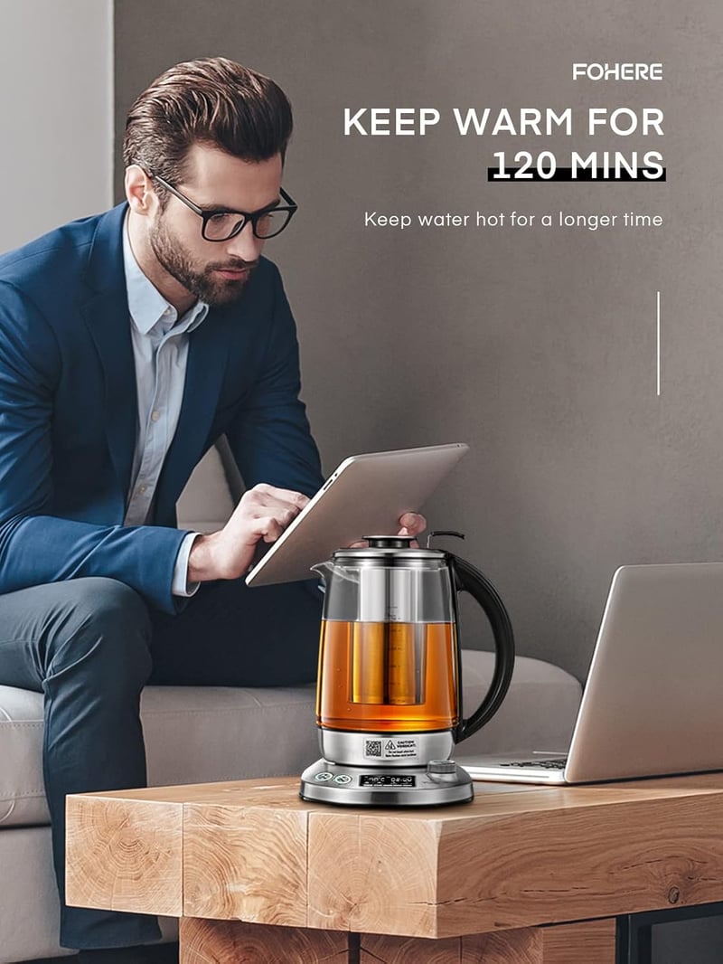 FOHERE Üveg Vízforraló Hőmérsékletes 40-100°C 2200W Teafőző Infúzióval 1,7L Ezüst