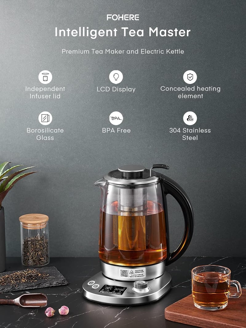 FOHERE Üveg Vízforraló Hőmérsékletes 40-100°C 2200W Teafőző Infúzióval 1,7L Ezüst